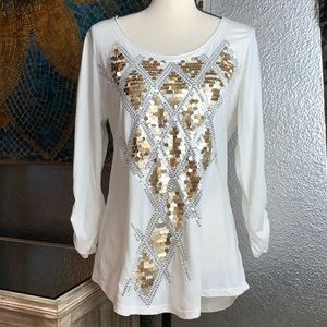 Style & Co beige top with gold sequin design.
